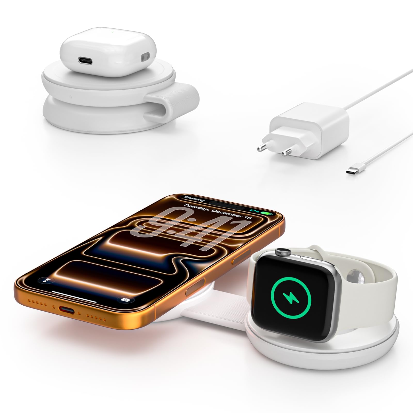 Magnetyczna Stacja Ładująca 2 w 1, Certyfikat Qi2 25W, Składana, Kompatybilna z MagSafe do iPhone Air/17/16/15/14/13/12, Apple Watch & AirPods (z adapterem 30W)