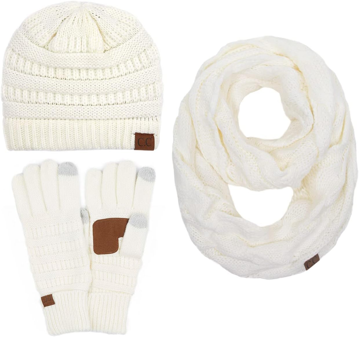 ScarvesMe 3pc Set Trendy Warm Chunky Soft Stretch Cable Knit Beanie Scarves Gloves Set