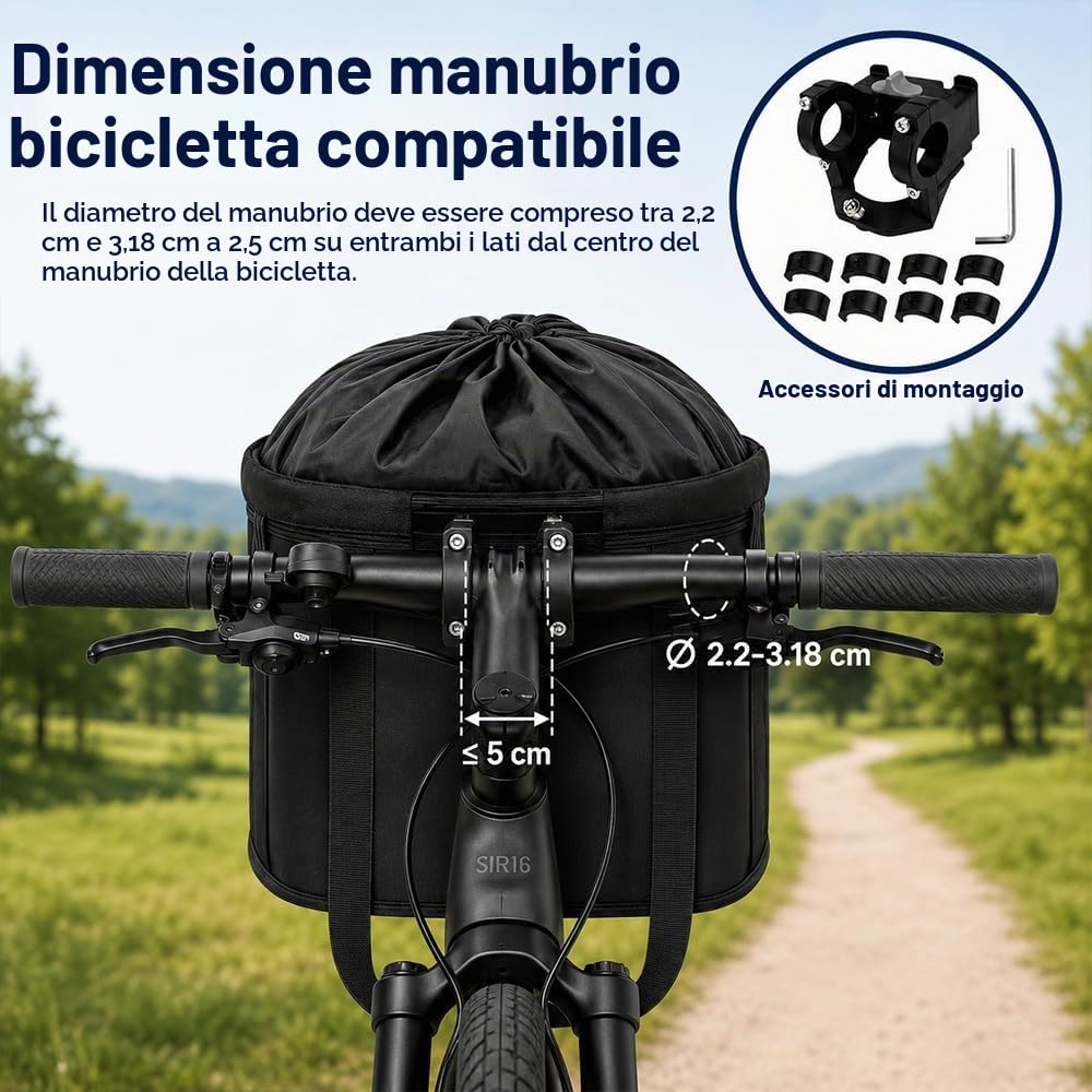 Cestino Bicicletta Anteriore, Pieghevole Rimovibile Cestino Bici, Tessuto Oxford 600D Telaio in Alluminio Cesto Bici Anteriore per Spese Campeggio Pendolarismo Cani Piccoli Pendolari, Nero