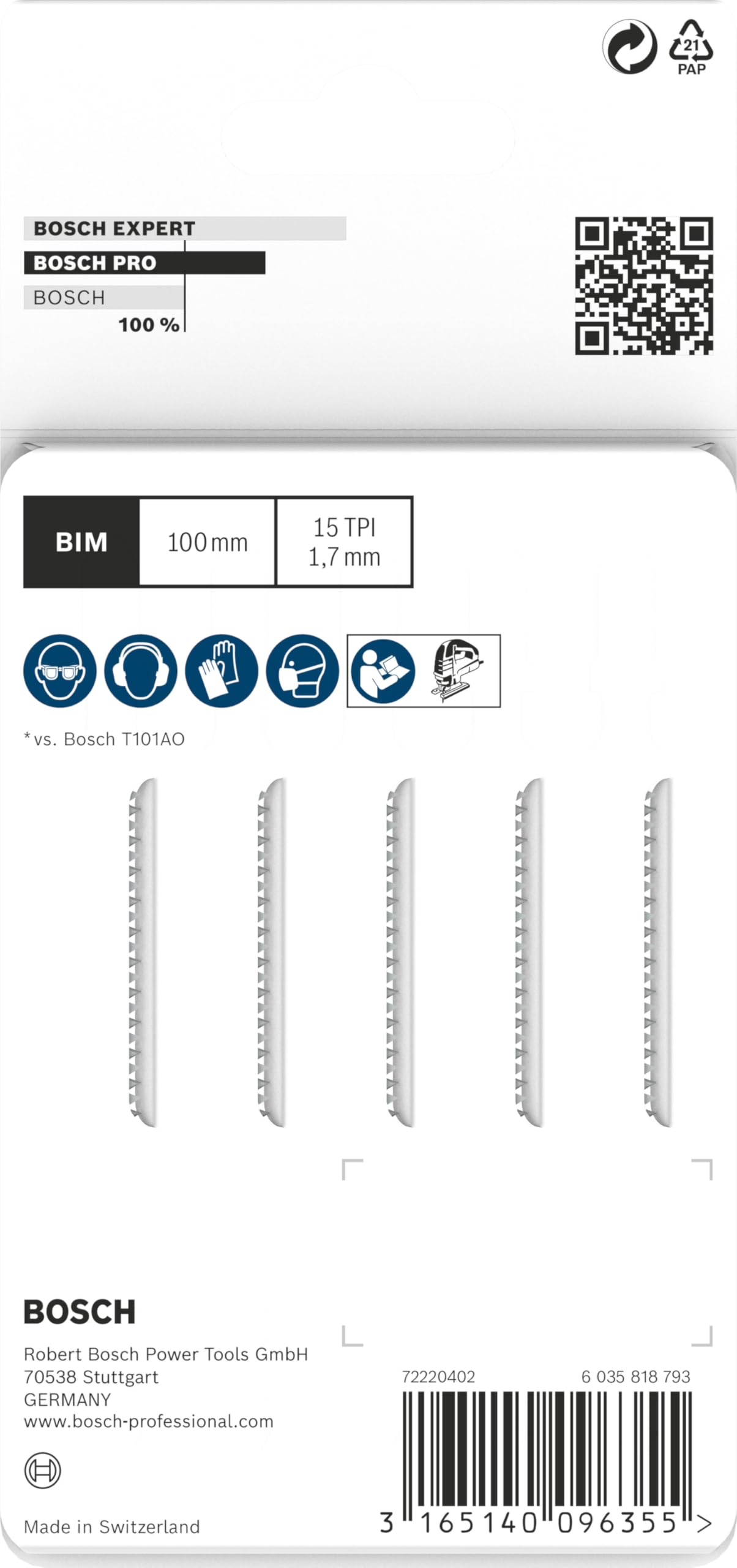Bosch Professional 5 x dekupaj testere bıçağı T 101 AIF Clean sert ahşap için (sert ahşap, düz kesim, dekupaj testeresi aksesuarı)
