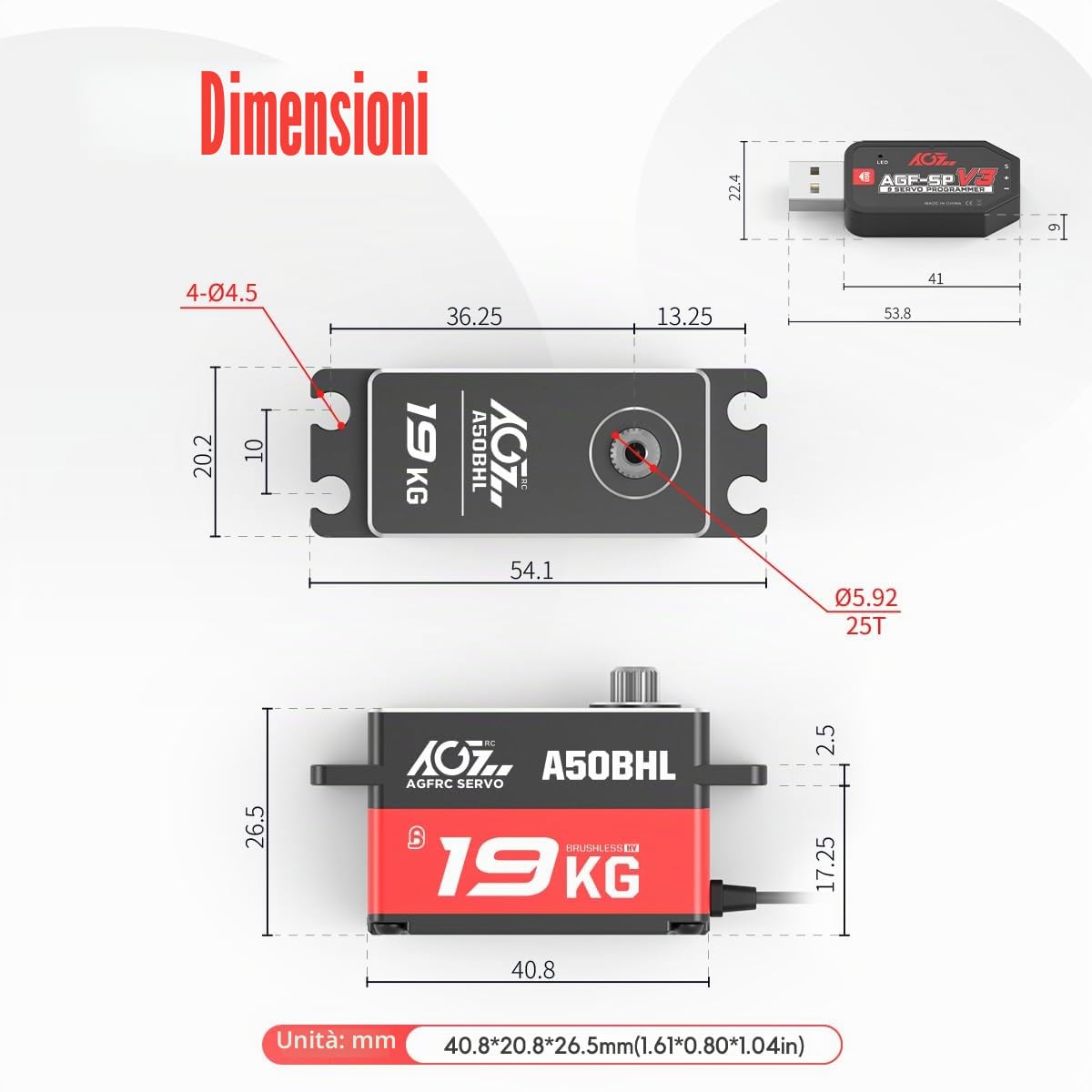 AGFRC Servo digitale programmabile ad alta coppia a basso profilo da 19 kg - Servo senza spazzole per ingranaggi in metallo per modelli RC 1/10, angolo di controllo 180 ° (A50BHL e AGF-SPV3)
