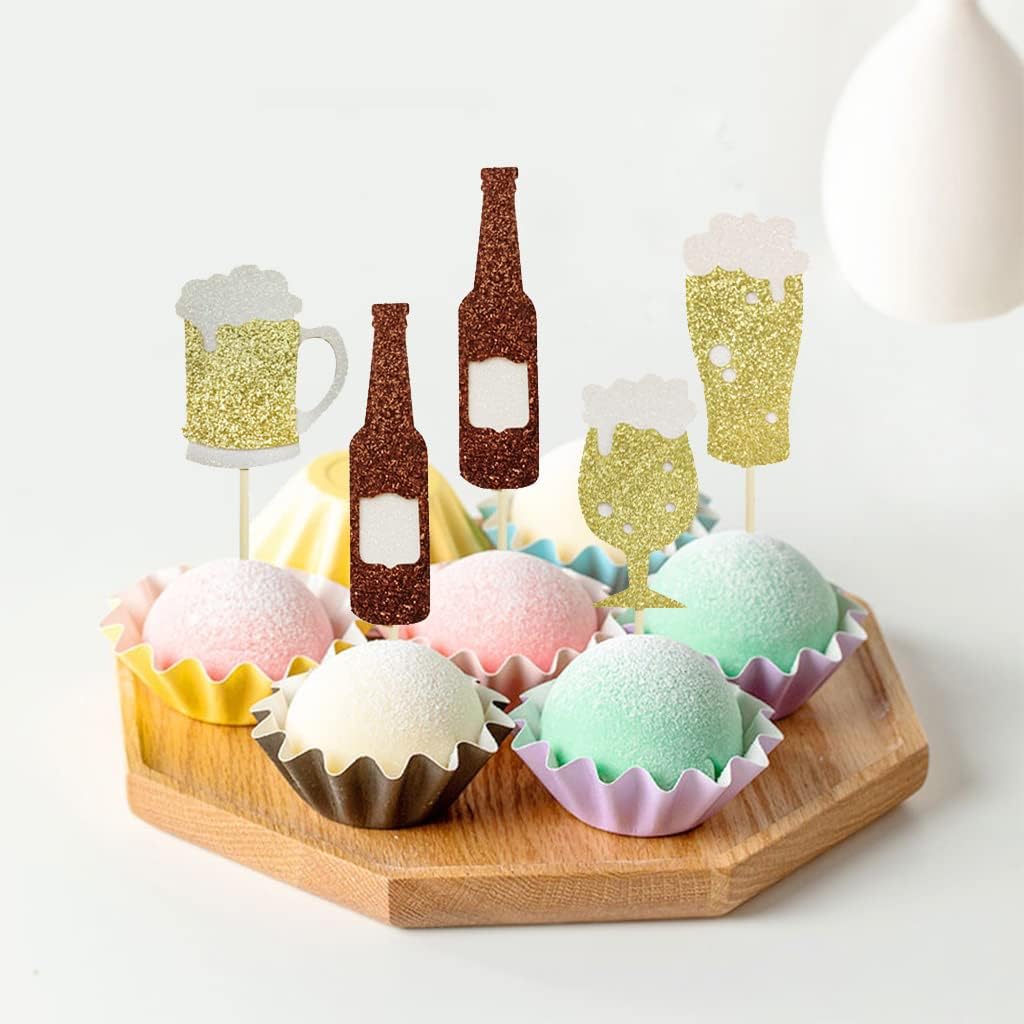 24 PCS Gold Glitter Beer Glass Champagne Cheers Cupcake Toppers for Men Women Birthday Party Oktoberfest Bachelorette Theme Party Wedding Baby Shower Party Cake Decorations Supplies Picks - Image 6