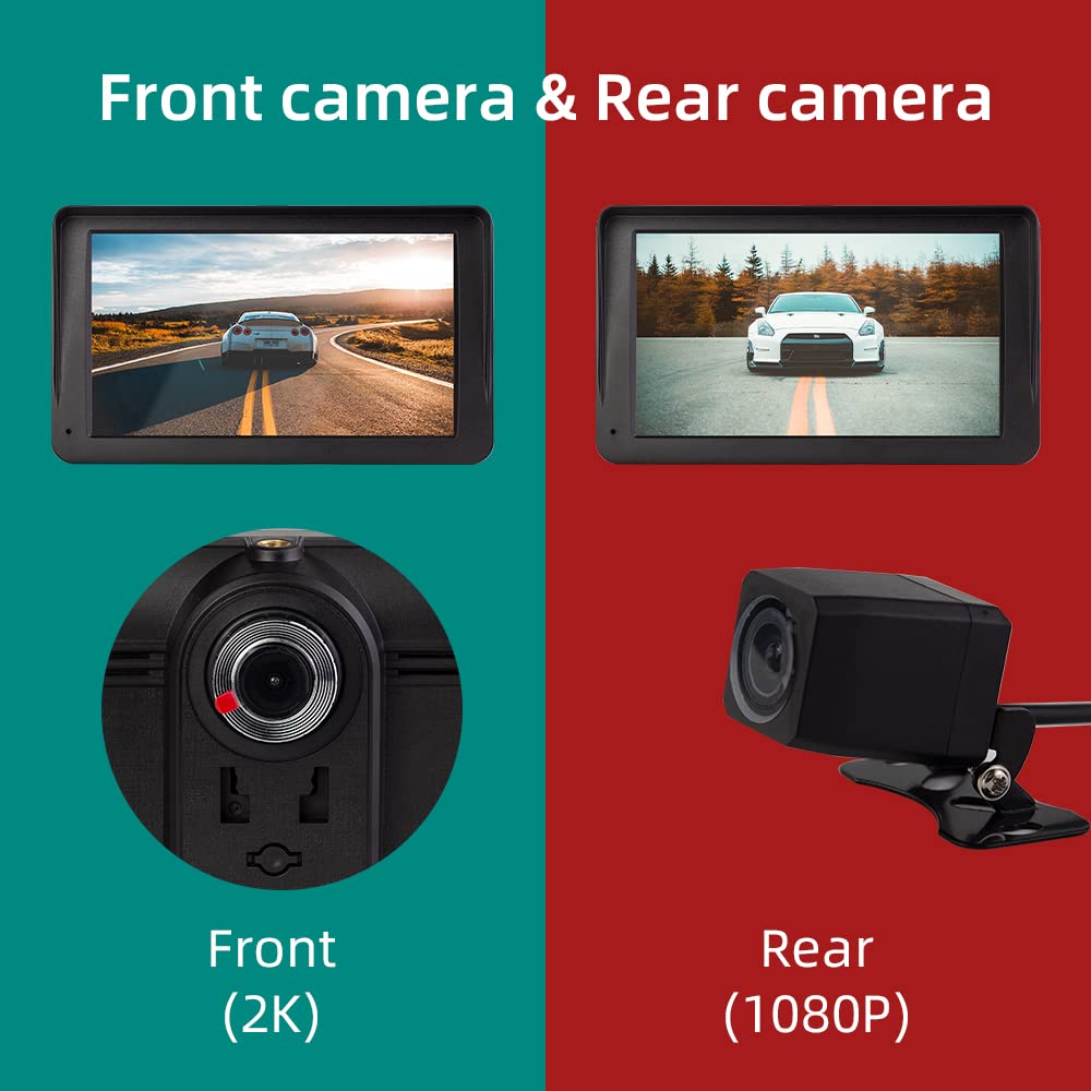 Bezprzewodowy CarPlay i Android Auto, 7-calowy Wyświetlacz Carplay z Kamerą Przednią 2K, Kamera Cofania 1080P, Bluetooth, Mirror Link, FM, AUX, Karta TF