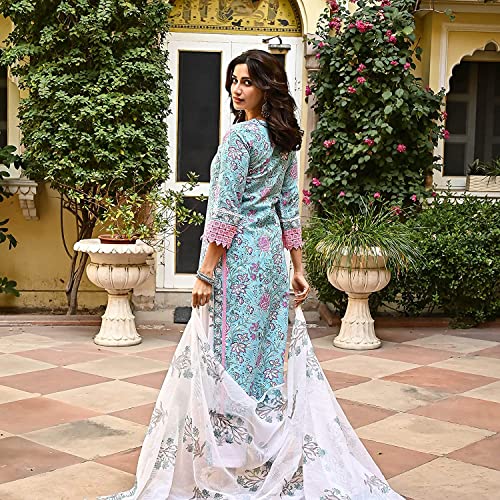Image of Royal Export Women Sky Blue Floral Printed Kurta Pant Dupatta Set | Cotton Blend Ethnic Suit Set for Women | Straight Kurti with Palazzo & Printed Dupatta | Festive, Casual & Office Wear ||