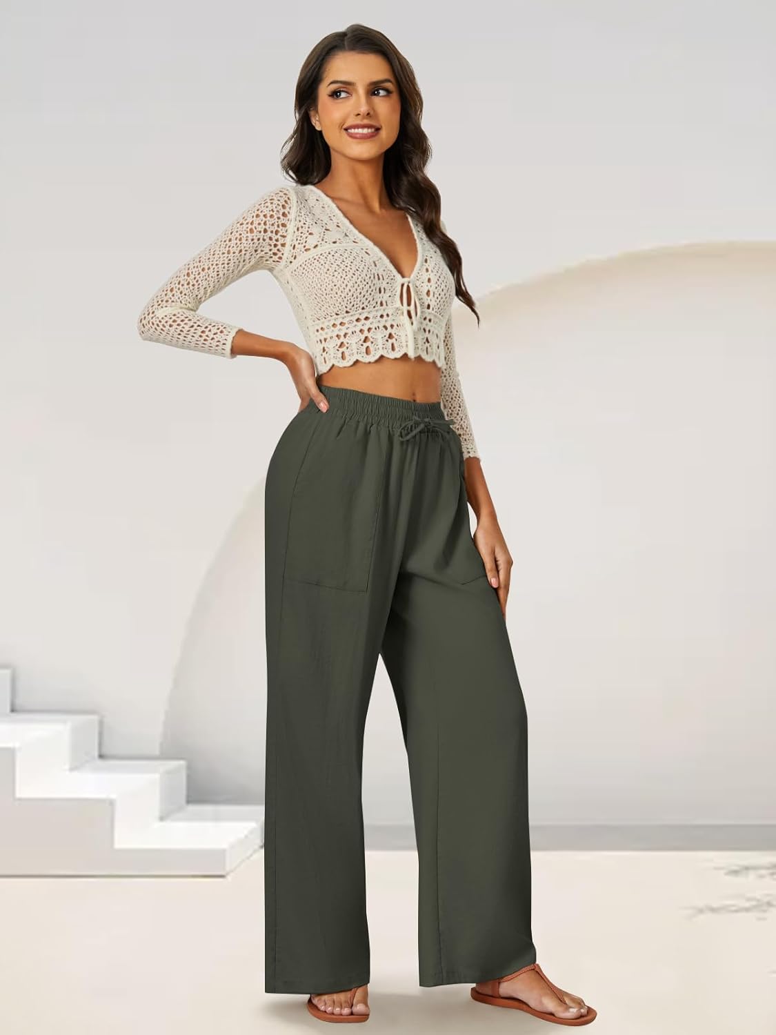 FireSwan Womens Palazzo Pants Casual Drawstring Flowy Pants Wide Leg Summer Beach Linen Trousers with Pockets - Image 3