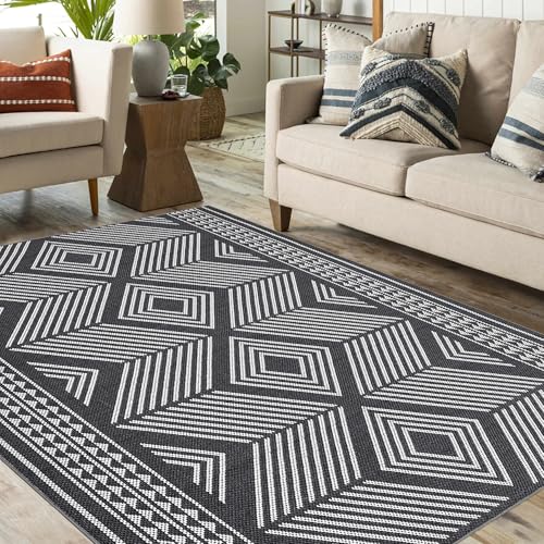 GlowSol Washable Indoor/Outdoor Rug 8x10 Modern Black Washable Rugs for Farmhouse, Geometric Soft Carpet Non-Slip Stain Resistant Rugs for Living Room Dining Room,8x10