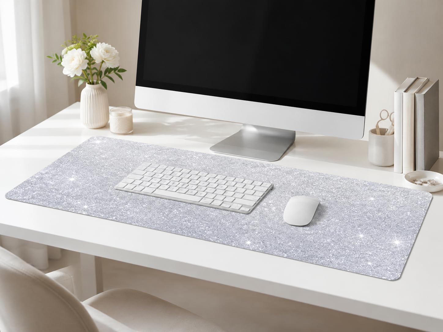 Large Silver Glitter Mouse Pad for Women - Diamond Bling Desk Accessory, Non-Slip Rubber Base, Large Gaming Mousepad for Laptop, 15.7x31.5 inch image 4