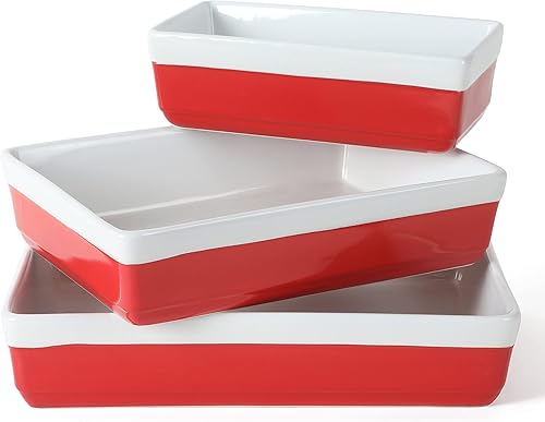 MARTHA STEWART Juego de 3 piezas de utensilios para hornear de gres para horno a mesa, juego de platos para hornear y cazuela, color rojo,