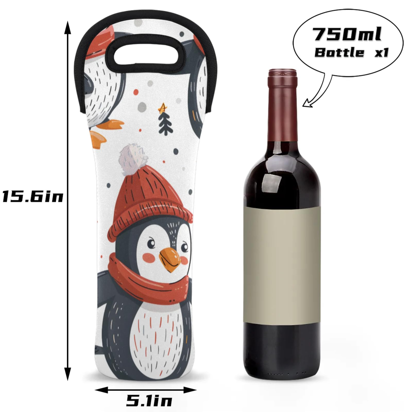 Neoprene Wine Tote Carrier Bag for Wine,Water, Champagne, Beer, Baby Bottles 15.6 x 5.1 Inches, Protective Wine Bag,Penguin Winter