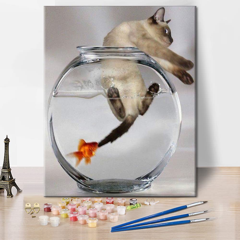 Photo 1 of (READ NOTES) DIY Paint by Numbers for Adults Beginner, Kids Goldfish in Fish Tank Paint by Number Cat Paint by Numbers Frameless Paint by Number for Adults 16x20 Inches Art Crafts for Home, Unique Gift for Adults