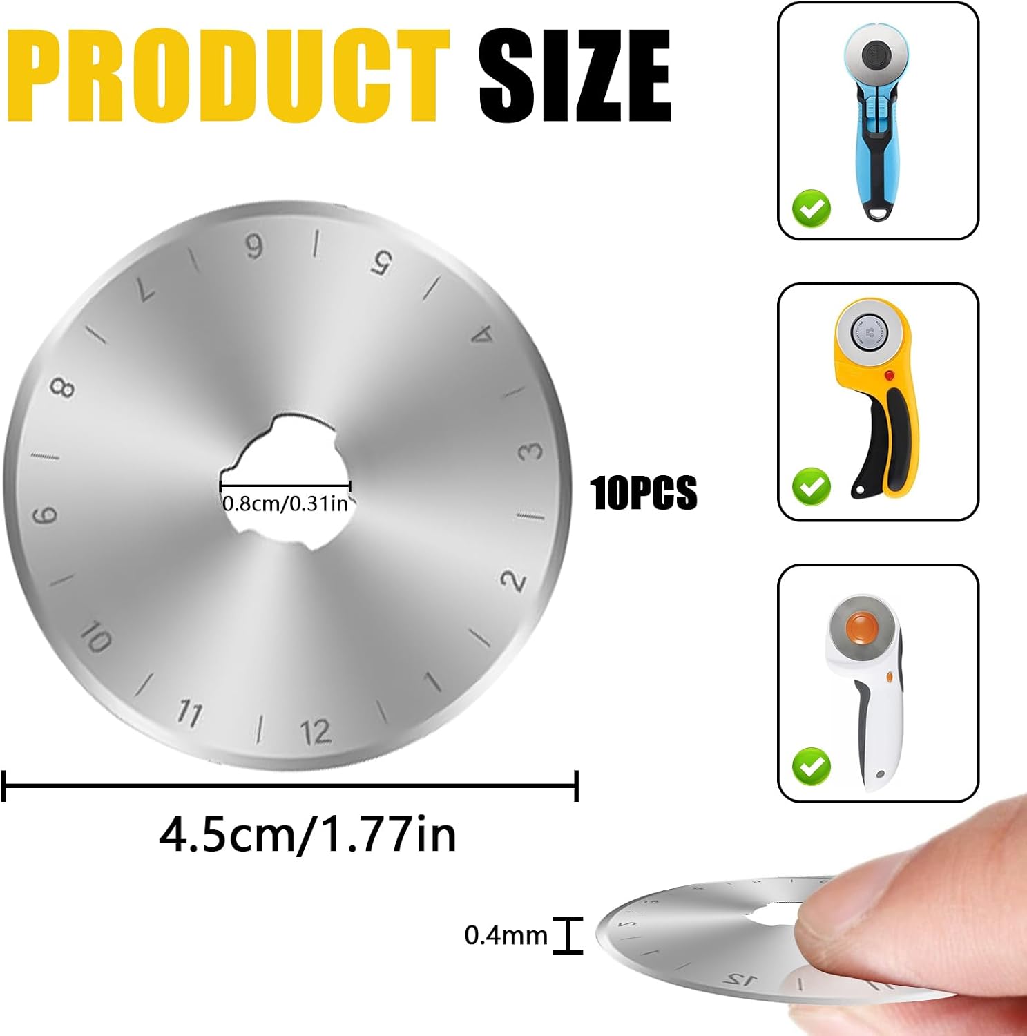 10pcs Sk5 High Carbon Steel 45mm Rotary Blades, Rotary Cutter Blades 45mm, Replacement Blades for Quilting Sewing Arts Crafts