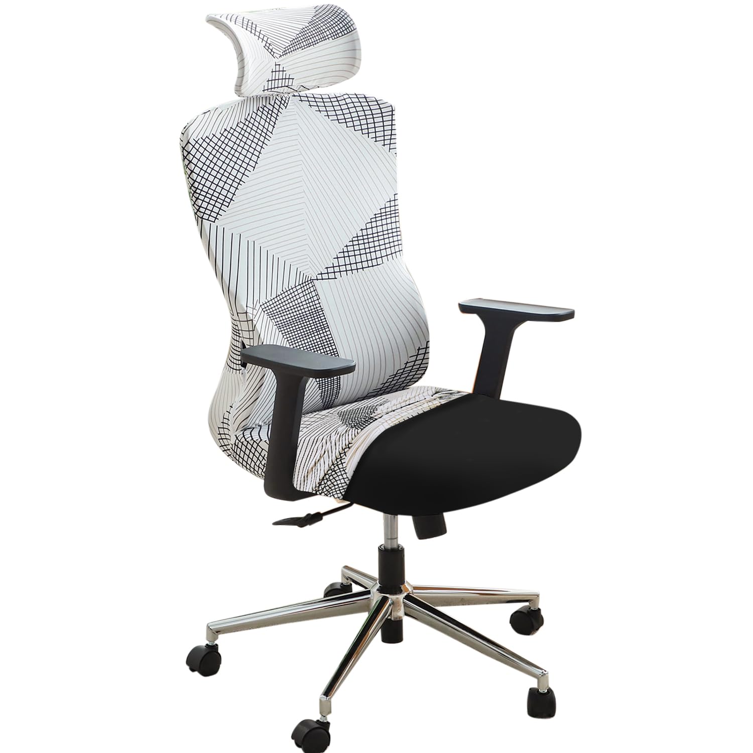 HOKIPO 'Elira Series' Office Chair Cover with Headrest (High-Back)- 140 GSM Stretch Fabric- Washable, Anti-Slip Fit for Ergonomic Mesh Office Chairs, Snow White Black Geometry (AR-5367-C9)