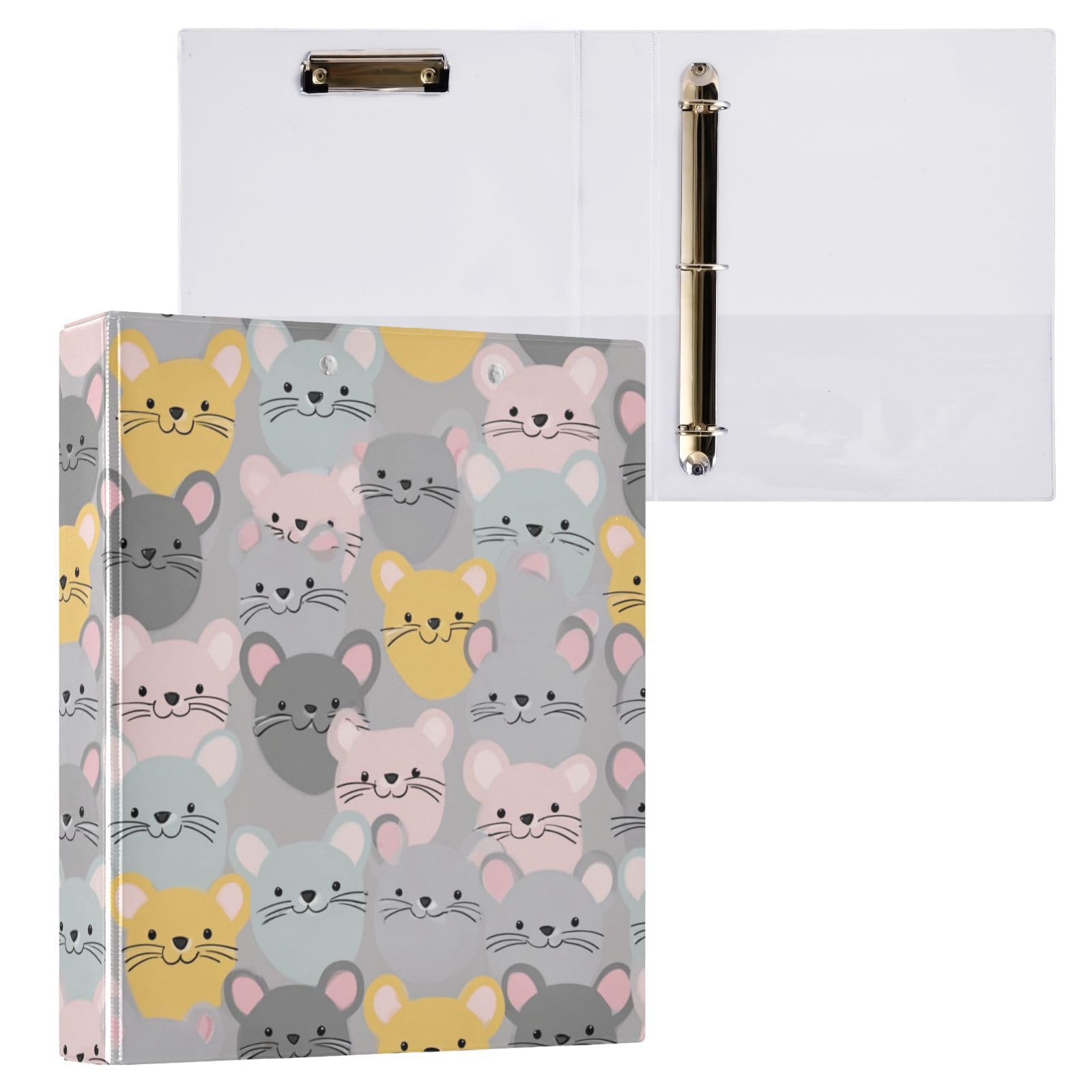 Kcldeci Raccoglitore a 3 anelli con copertina rigida, simpatiche facce di topo grigie, anelli rotondi da 3,8 cm, con tasche interne, per scuola, ufficio, ricette, raccoglitori, confezione da 2