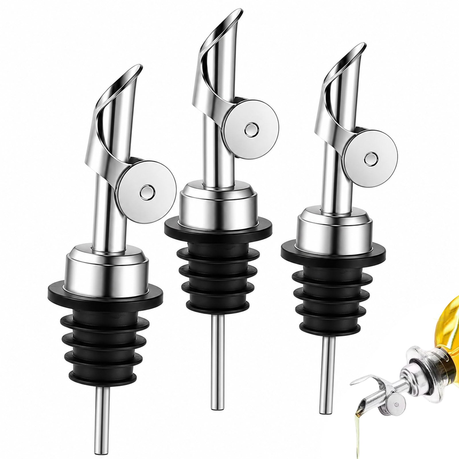 Livawnd 3 Pack 304 Stainless Steel Oil Dispenser Spouts, Automatic Open & Close Bottle Pourers for Olive Oil, Vinegar, Wine, Liquor & Syrup, Silver