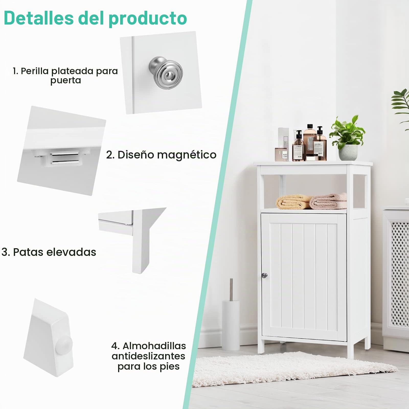 LIFEZEAL Armario de Baño Ahorrador de Espacio (Blanco) | Organizador de suelo con puerta y estante, pies antivuelco y antideslizantes para salón y cocina, 45 x 30 x 84 cm