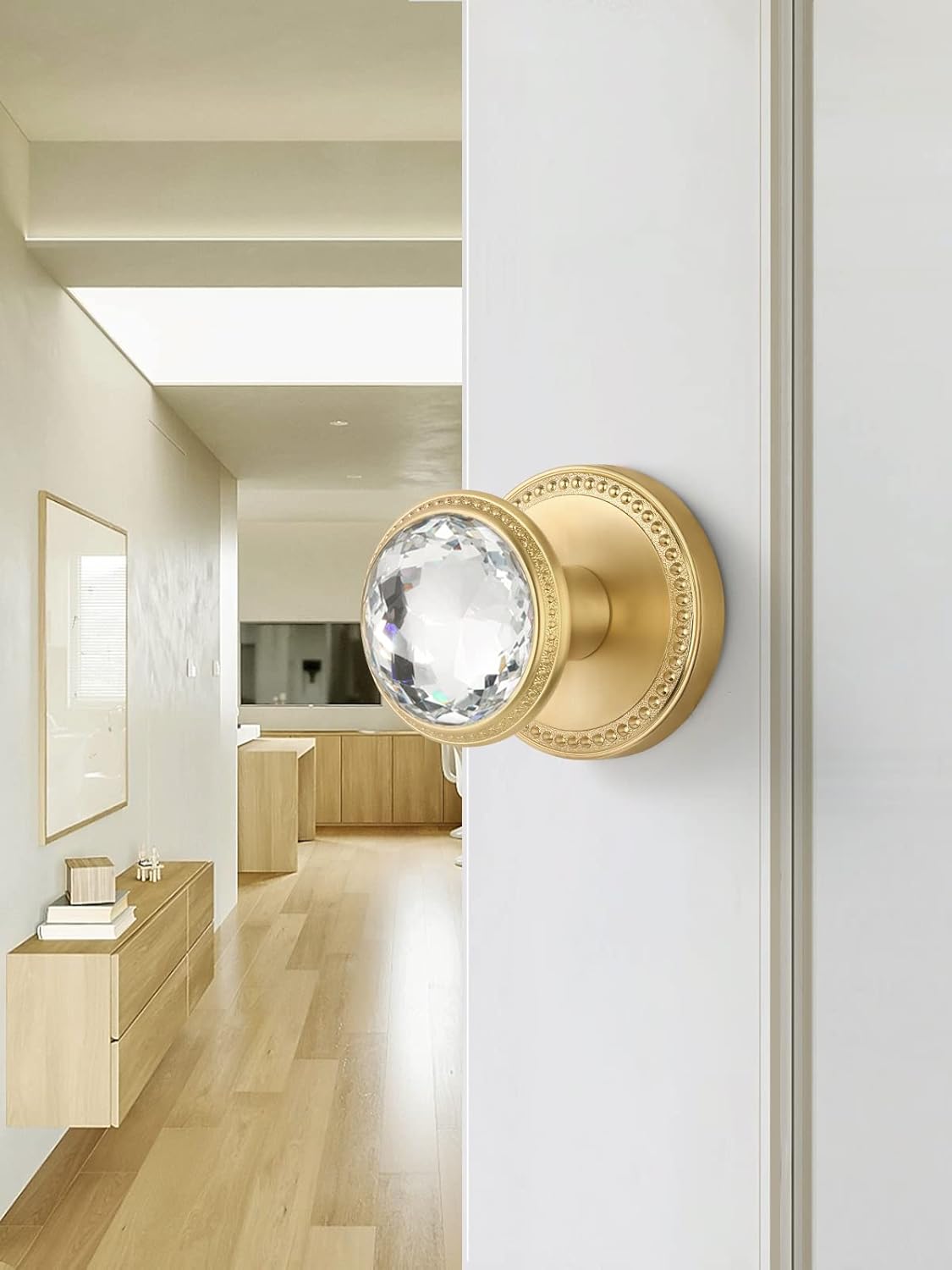 Gold Door Knobs - Crystal & Brushed Gold Door Knobs for Hall, Closet & Passage - Zinc Alloy 2 Pack