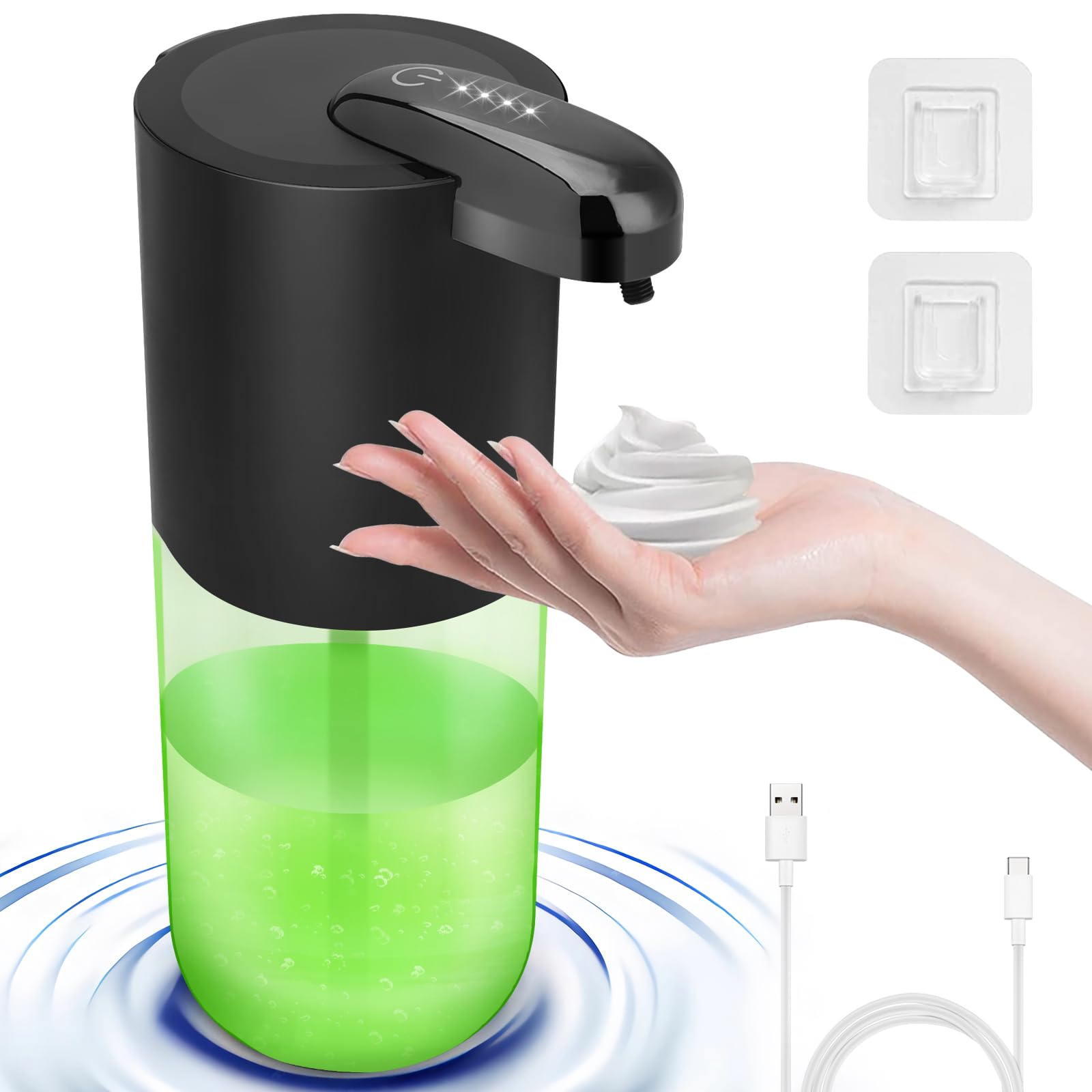 FoyucoolAutomatic Foaming Soap Dispenser, 12.8oz/380ml Rechargeable Touchless Hand Soap Dispenser, 4 Level Adjustable Foam Volume, Waterproof Wall Mountable Soap Dispenser for Bathroom, Kitchen,Black