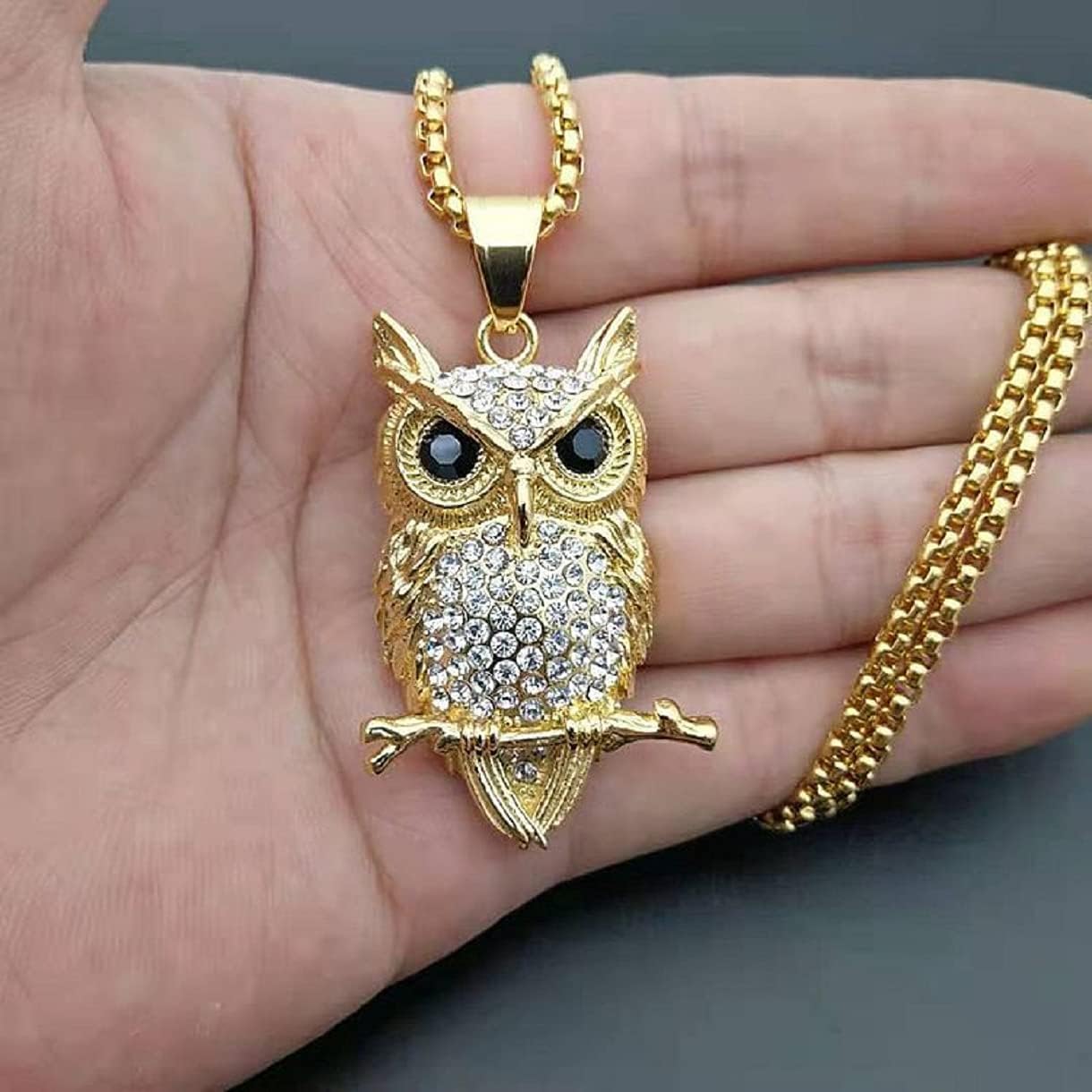 Iced Out Owl Tree Branch Necklace for Men - Gold Stainless Steel Hip Hop Celtic Owl Pendant - Image 2