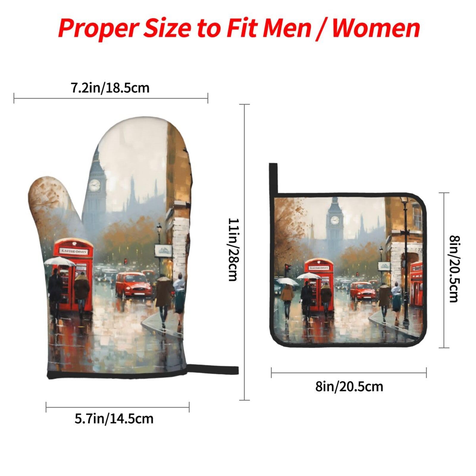 4 pcs Oven Mitts and Pot Holders Set London Impression Kitchen Oven Glove Non-Slip Heat Resistant 500 Degree Long Oven Mitts and Potholder for Cooking Baking Grilling BBQ