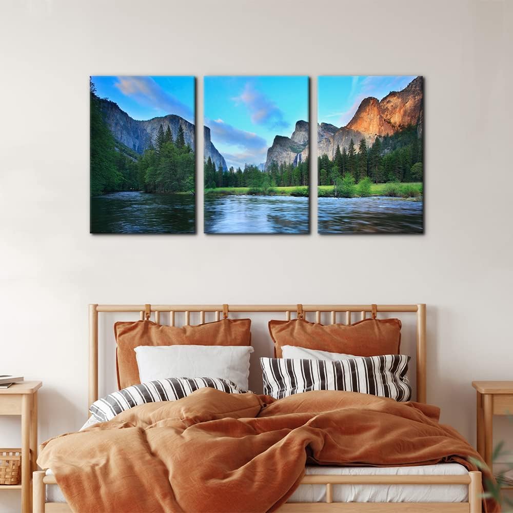Mountain Canvas Wall Art Panorama of Yosemite Valley Malarstwo Jezioro Plakat Krajobraz Natures Prints Dekoracja salonu(40 x 60 cm x 3 / bez ramki)