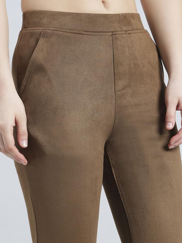 Image of GO COLORS Women Solid Mid Rise Suede Treggings