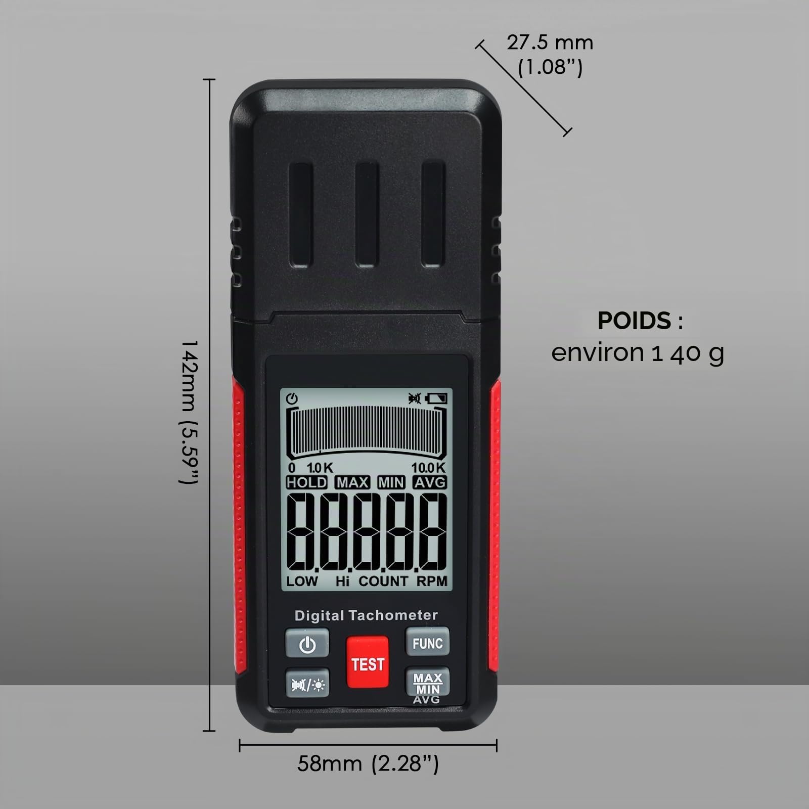 Tachymètre Numérique Sans Contact avec Deux Modes de Mesure 10-99999 tr/min, Détection Photoélectrique Laser Haute Précision avec Écran LCD, Ruban Réfléchissant pour Usage Industriel et Bricolage