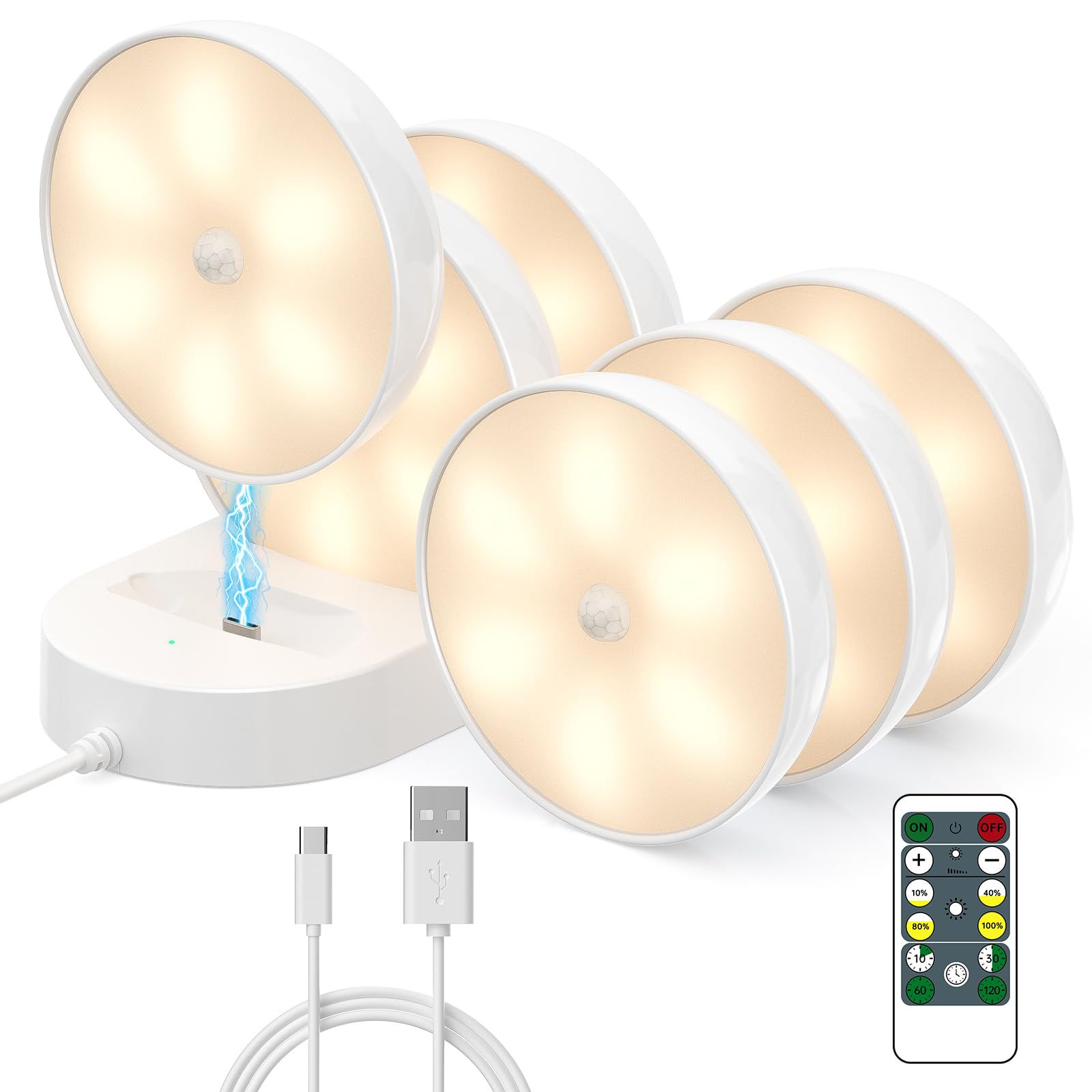Clarynt LED Closet Lights Motion Sensor Puck Light, USB Rechargeable Battery Operated Puck Step Lights, Dimmable Under Cabinet Lighting with Charge Station for Counter Wardrobe Kitchen