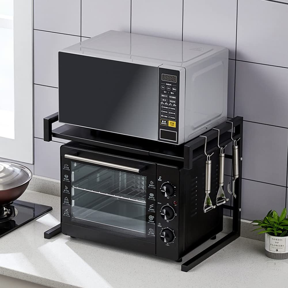 RELOVE Extensible soporte para microondas de metal, altura ajustable, estante de almacenamiento para cocina, titular de especias con 3 ganchos, carga máxima 25 kg (42 cm (40-65 cm)negro