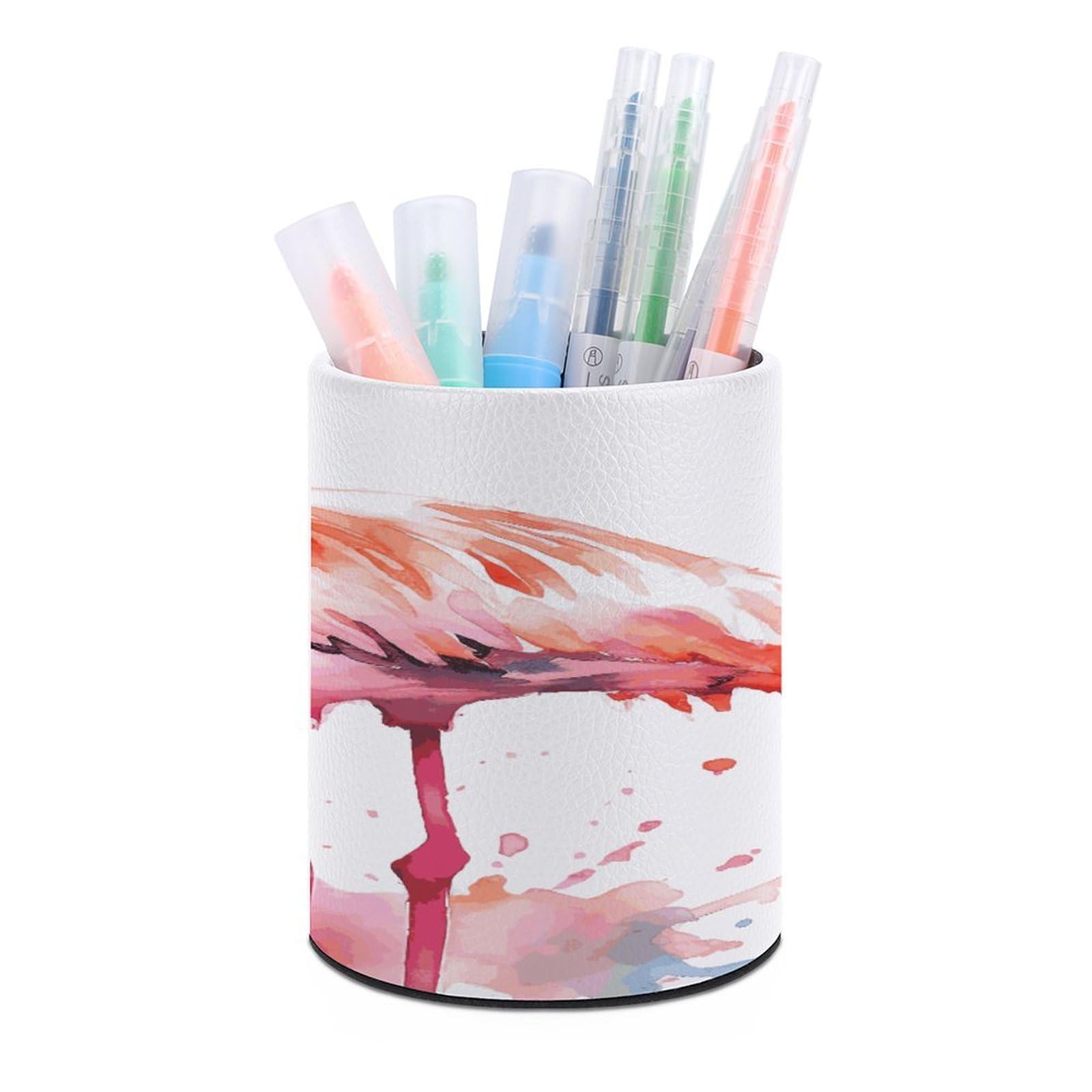LDGSUPH Watercolor Flamingos Round Pen Holder Leather Pen Cup Pencil Cup Pen Organizer Pencil Holder for Desk Organizer Pencil Organizers Makeup Brush Holders for Home Office Gift