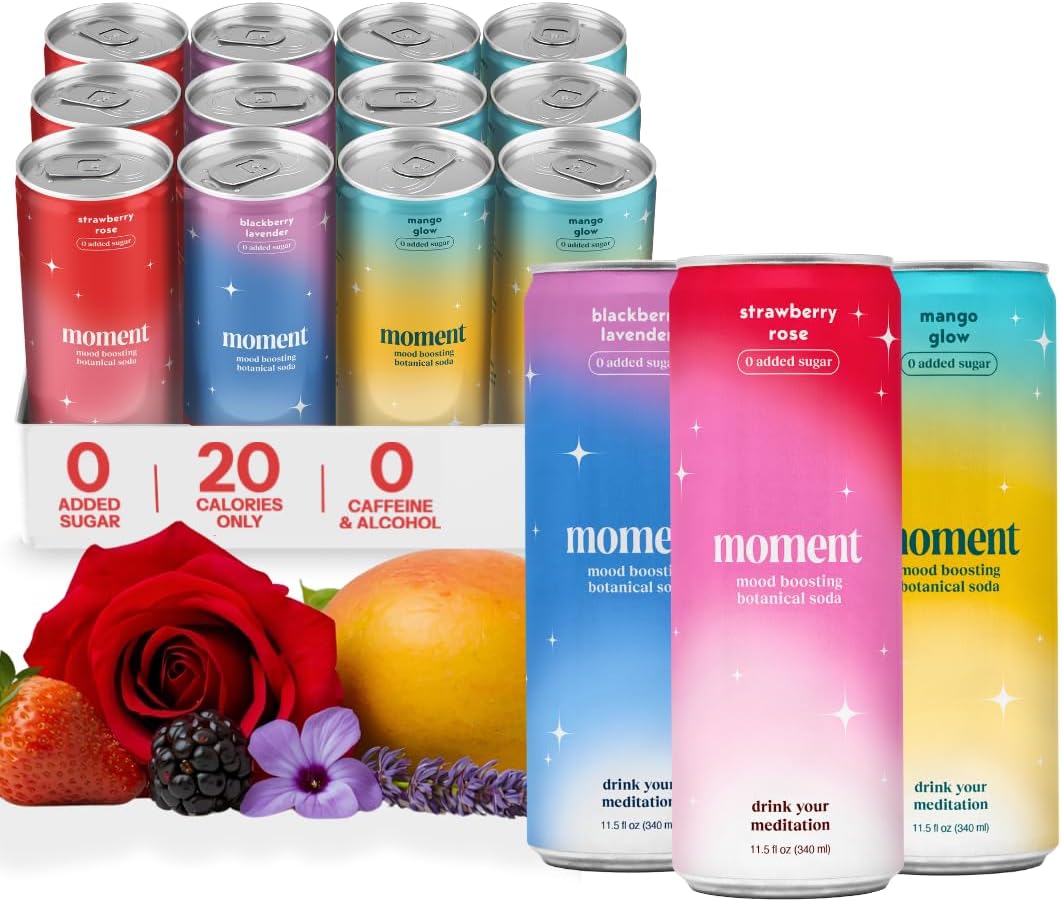 Moment Botanical Soda (Shark Tank) - Calm, Clarity & Relaxation with L-Theanine & Ashwagandha - Non Alcoholic Drinks for Adults - Sparkling Adaptogen Drink - 0 Sugar 0 Caffeine - 12 Pack 11.5 fl oz