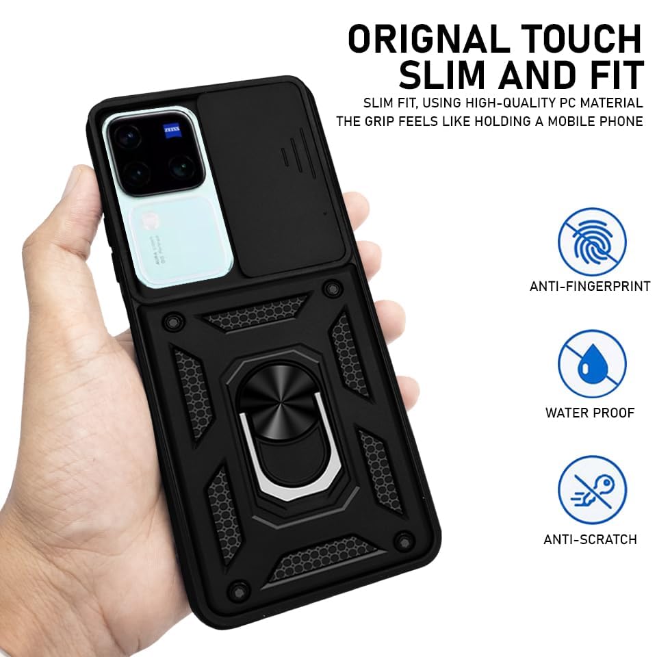 Image of AIBEX Back Cover for Vivo V30 5G / Vivo V30 Pro 5G | D10 Tough Armor Case | Sliding Camera Shield | 360 Protection | Kickstand Ring Holder | Military-Grade Shockproof Bumper Case