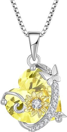 Oskani Collar de corazón de mariposa y girasol para mujer, plata de ley 925 con circonita cúbica, joyería con colgante de piedra natal, regalos de