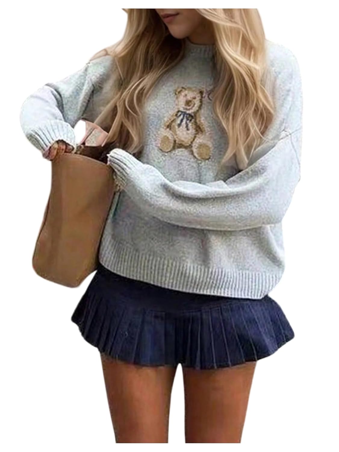 Verdusa Womens Cute Cartoon Crewneck Sweater Long Sleeve Drop Shoulder Casual Loose Pullovers