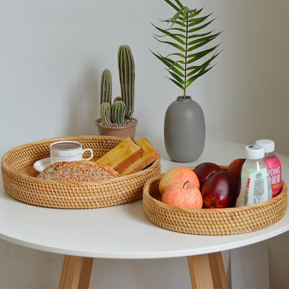2 Stück Rund Rattan Obstkörbe, Geflochtene Brot Korb Natürlicher Aufbewahrungskörbe Eierkorb Organizer Obstplatte Picknickkorb Brotschale Obstschale für Esszimmer Küche Wohnkultur Desktop Organizer