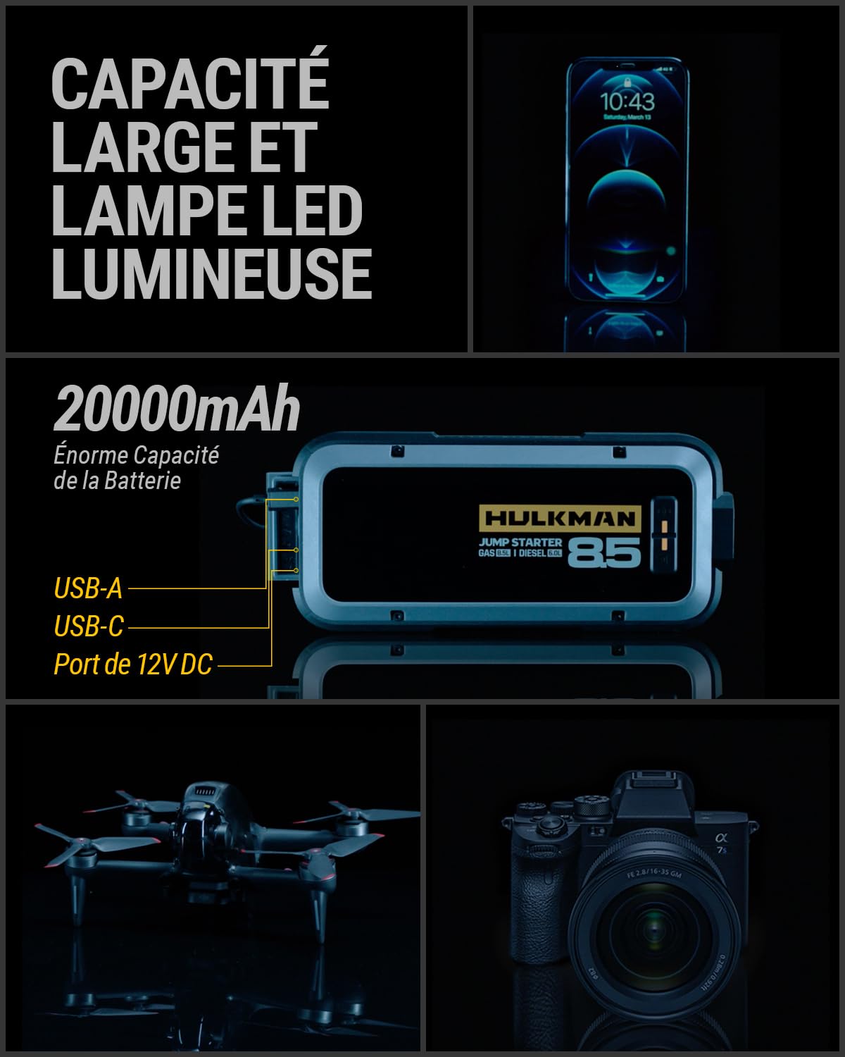 HULKMAN Alpha85S Booster Batterie Voiture 2000 Amp 20000mAh Technologie Avancée Préchauffage à Batterie au Lithium 12V pour Moteurs à Essence jusqu'à 8,5L à Diesel jusqu'à 6L