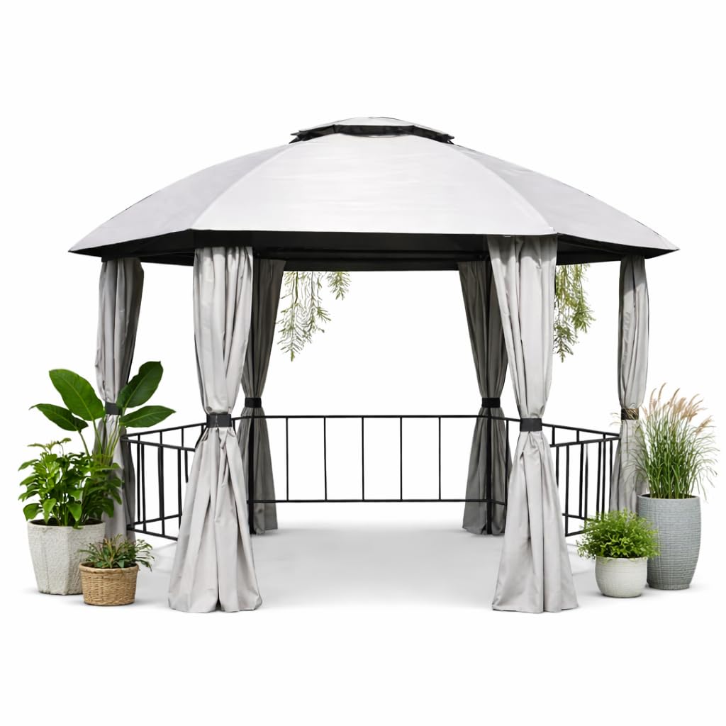 10x10 ft Outdoor Gazebo Tent, Instant Folding Completely Waterproof Perfect for Outdoor Living- Garden Canopy Tent for Decoration, Party, Events (Grey Hexagon Gazebo Tent)