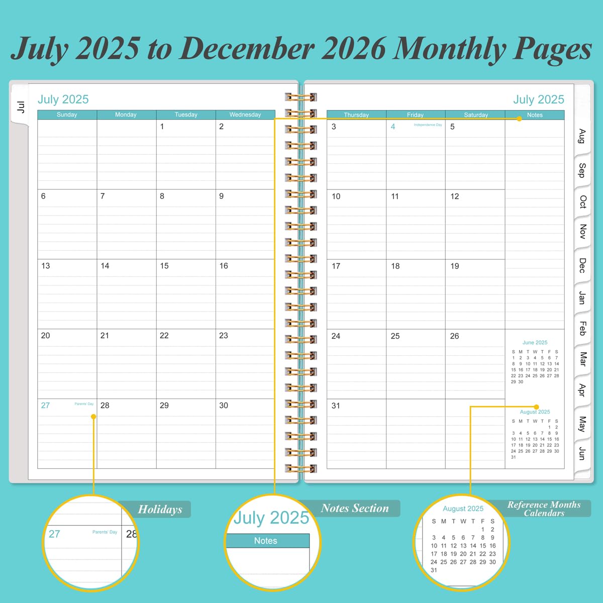 2025-2026 Monthly Planner, July 2025, December 2026, Two Pages Per Month, 18 Monthly Calendar/Planner with Tabs - Image 3