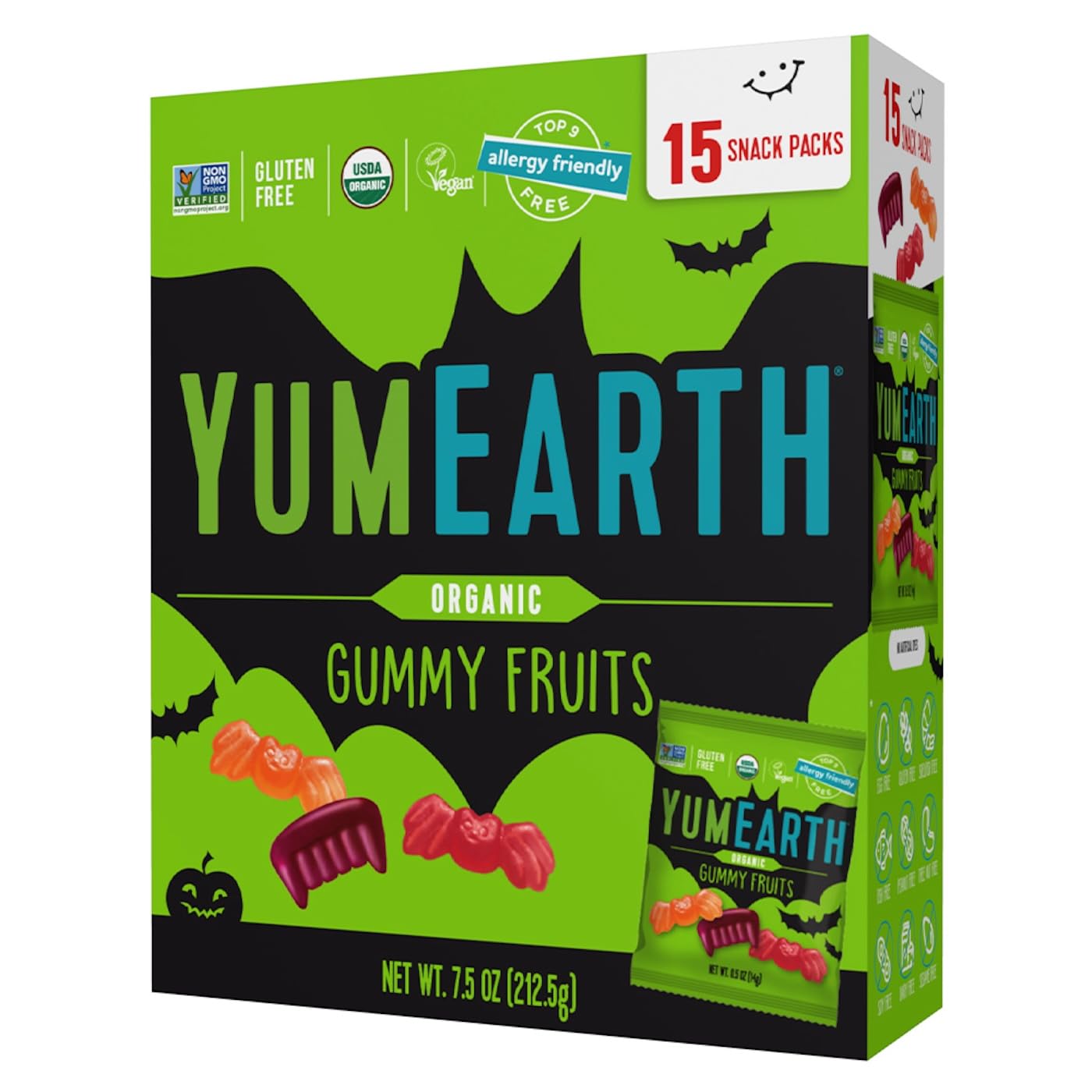 YumEarthOrganic Halloween Gummy Fruits - Fruity Candy Snack Packs, Gluten Free Snacks for Kids - Allergy Friendly, Non-GMO, No Artificial Flavors or Dyes - Assorted Flavors, 7.5 oz (Pack of 15)