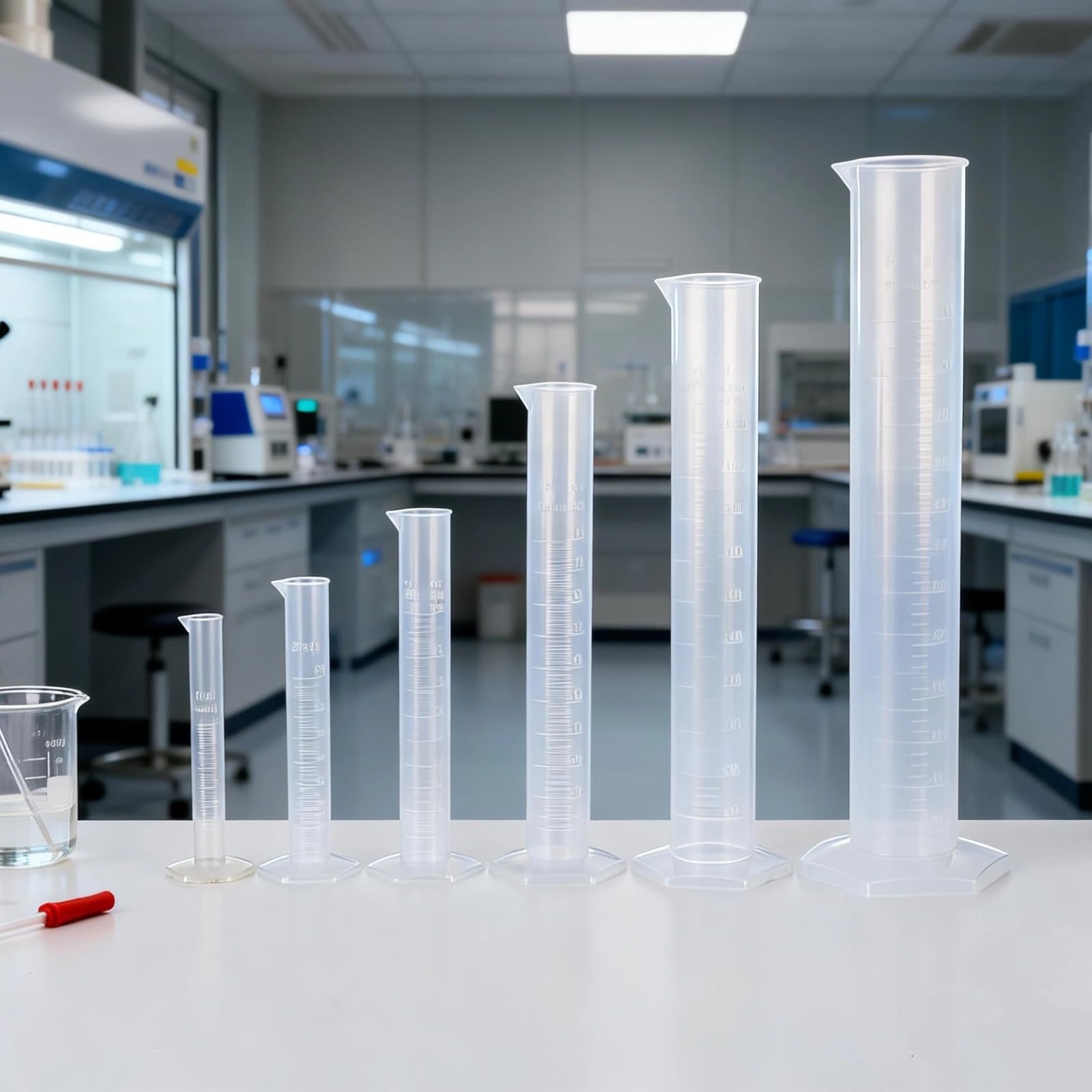 6er Messzylinder-Set aus Kunststoff, 10 bis 500 ml, PP-Laborzylinder mit klarer Skala, sechseckigem Standfuß und konischem Ausguss, 6 Größen für präzises Messen in Labor, Schule und Wissenschaft