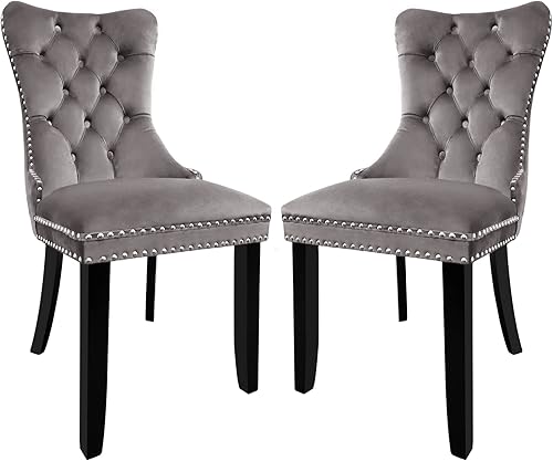 Wonder Comfort Juego de 2 sillas de comedor tapizadas de terciopelo con cabeza de clavo y ribete de anillo de madera maciza color gris