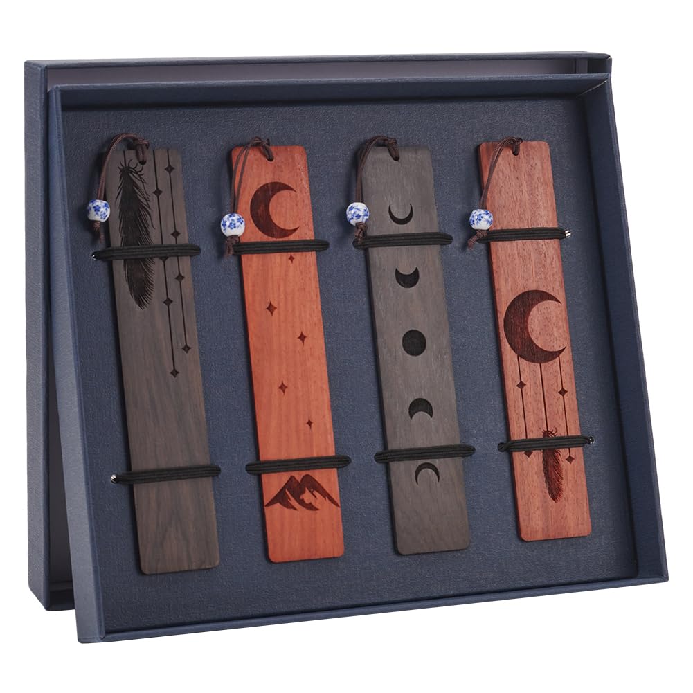 FINGERINSPIRE 4 marcapáginas de madera de 4 estilos con diseño de fase lunar de 14,3 x 2,7 cm, marcapáginas de cuentas de madera, diseño rectangular de madera, hecho a mano, tallado de madera, caja de
