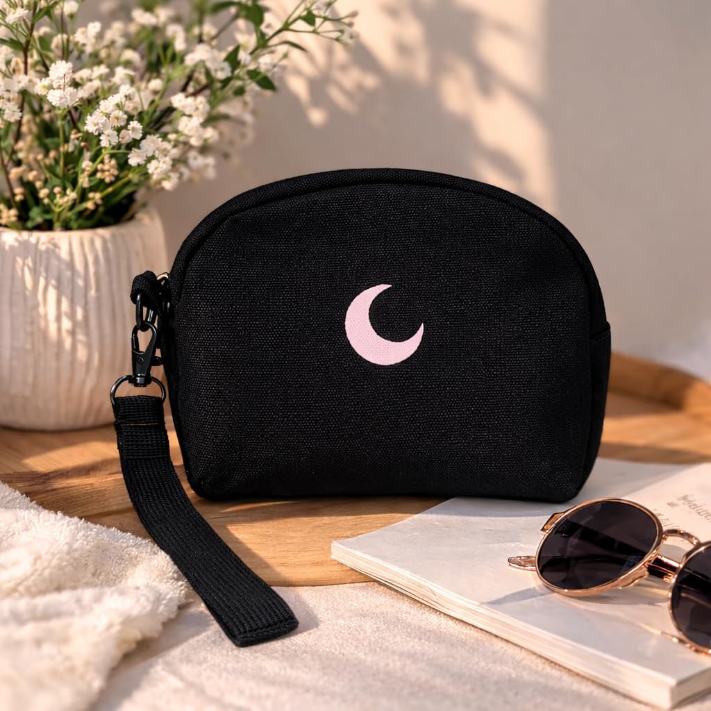 Brando Moon Small Zipper Makeup Bag for Women Girls – Travel Cosmetic Pouch, Wide-Open Organizer Purse Case, Air-Tight Odor-Control Fabric, Everyday Travel Essentials