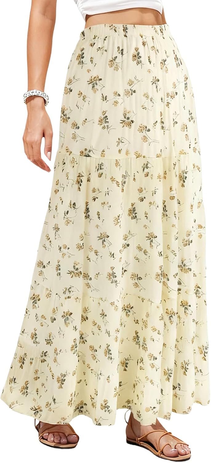 Facogoo Women's Chiffon Maxi Skirt Pleated Elastic High Waisted Tiered A-Line Boho Spring Flowy Long Skirts with Lining