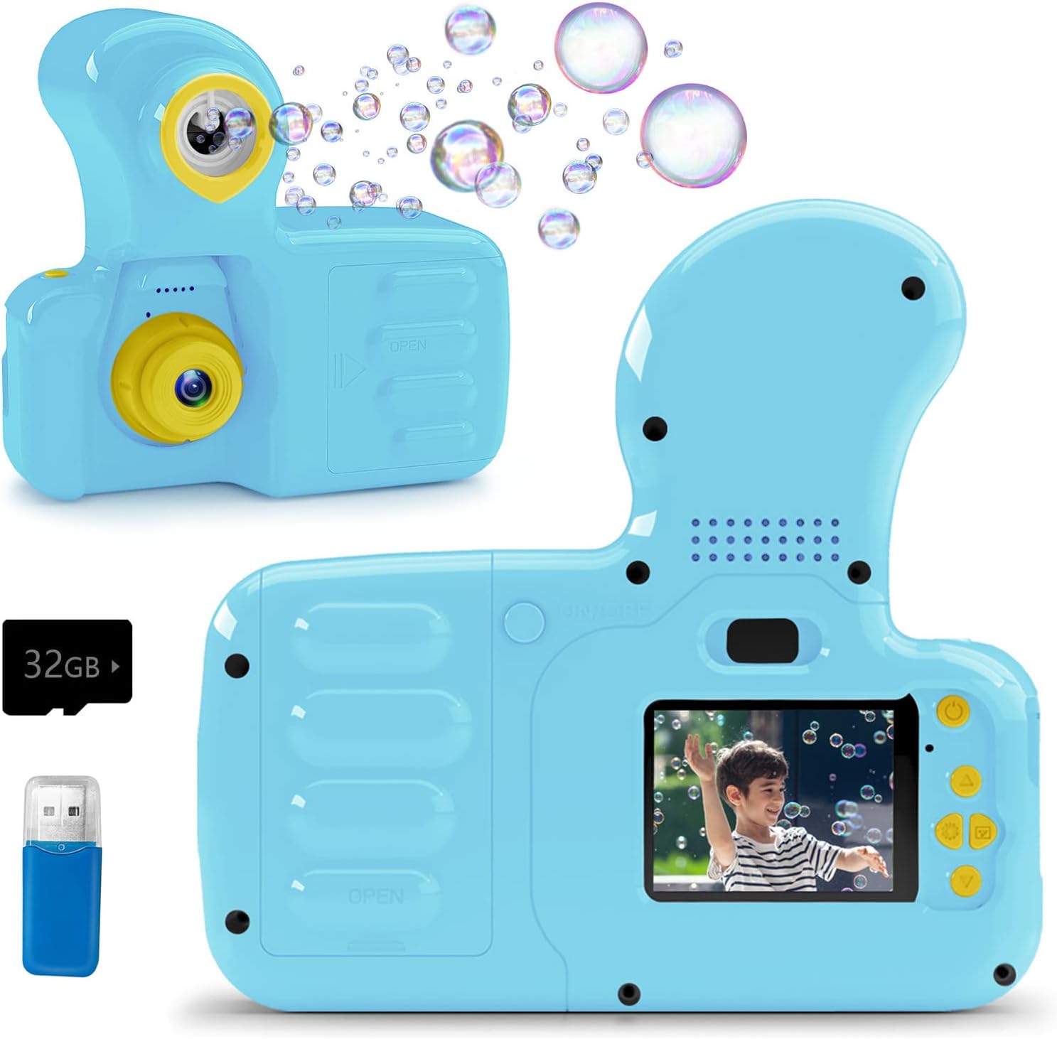 Yisdo Kids Digital Camera for Boys Girls Children HD Video Camcorder Portable Bubble Machine Toddler Toys for 3-12 Year Old Christmas Birthday Gifts, 2 Inch Screen with 32GB Card (Blue)