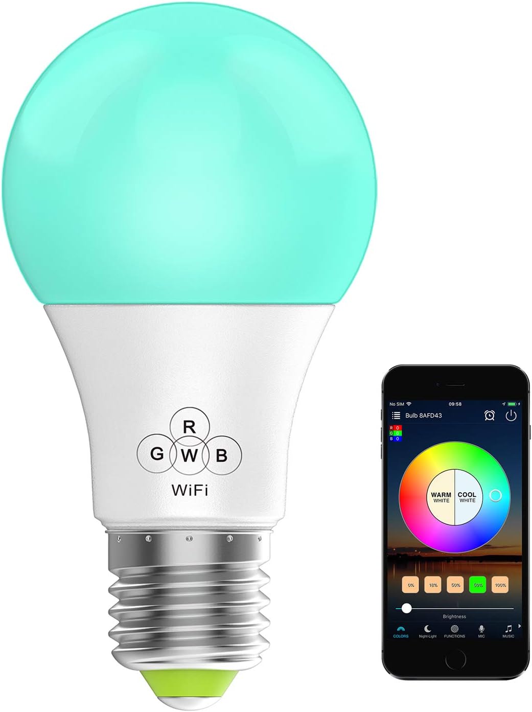 LED WiFi Smart Lights Bulb, Compatible with Alexa and Google Assistant and IFTTT,e27 a19 RGBW Edison Bulb, No Hub Required, Music Mode,Sunrise, Sunset Mode
