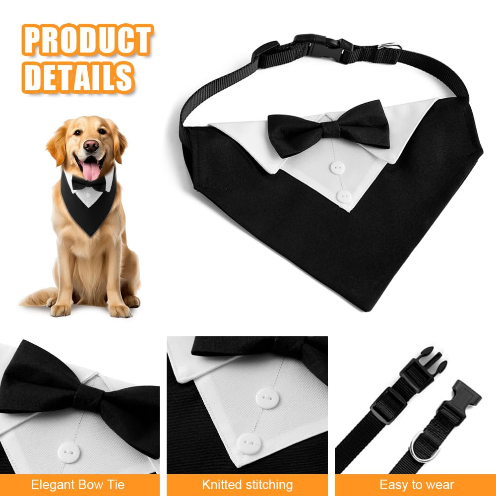 Bandana per Cani Formale 36-60 CM,Collare Smoking Cane con Foulard e Papillon,Sciarpa Cravatta Cane Regolabile,Costume Elegante per Animale Domestico per Matrimoni, Compleanni, Festa - Nero