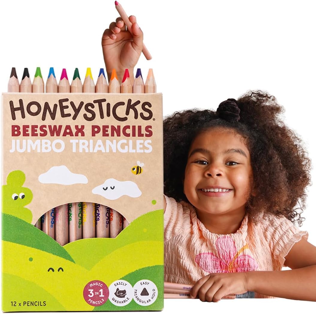 Honeysticks Little Learner Jumbo Dreikant Buntstifte Dick für Kinder – Vorschul Farbstifte mit Ungiftigem Bienenwachskern, Griffige Dreikant-Form, Leuchtende Farben, Malstifte ab 1 Jahr