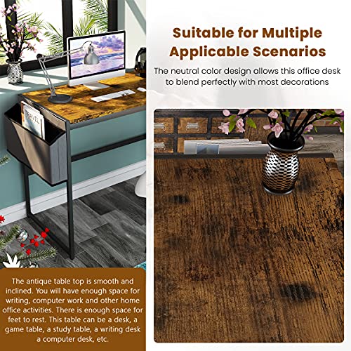 Image of Small Computer Desk for Small Spaces with Storage Bag 4 Hanging Hooks, 39.4x19.7x29.9 inches Modern Rustic Desk Wooden Tabletop and Metal Leg Writing Table for Student Office PC Gaming Sewing Table