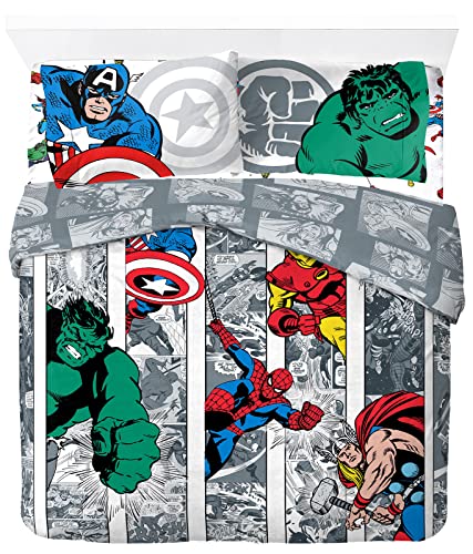Marvel Comics Avengers Comic Cool - Juego de ropa de cama de 4 piezas, 100% algodón, incluye funda de edredón, sábana bajera y fundas de almohada