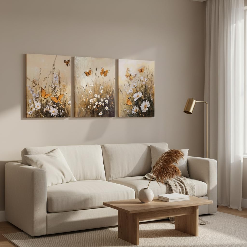 Fochorlo Butterfly Wall Art Flowers Wall Decor Orange Brown Pictures Prints Decoration for Bathroom Living Room Bedroom 12x16x3